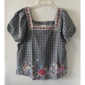 NWT Savanna Jane Blouse Womens Sm Embroidered Gingham Floral Cottage Casual Boho